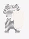 Petit Bateau Baby Cardigan, Trousers & Bodysuit Cotton 3 Piece Set, Marshmallow/Navy