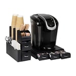 Mind Reader Anchor Collection, 3-Drawer Single Serve Pod Organizer, 36 Pod Capacity, 13.5" L x 12.25" W x 2.5" H and 10-Compartment Cup and Condiment Set, 5.35" L x 11.25" W x 11.15" H, Black