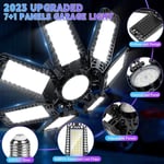 Éclairage LED Garage 200W 2 Pièce, E27/E26 Eclairage Atelier Déformable à 7+1 Panneaux Ajustables, 20000LM Super Brillant Plafonnier LED pour Garages, Sous sol, Atelier, Entrepôt, Bureau