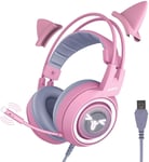 Casque De Jeu Rose Pour Pc, Ps4, Ordinateur Portable : Son Surround Virtuel 7.1, Écouteurs Détachables À Oreilles De Chat, Led, Usb, Casque Léger À Réglage Automatique Supra-Auriculaire Pour Petite Amie Et Femme