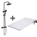 Pack Receveur de douche 80 x 100 cm extra plat blanc + Colonne de douche thermostatique noir mat