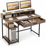 Bureau d'Ordinateur avec Étagère pour Moniteur, Bureau Informatique avec Tiroir de Rangement et 2 Étagères Ouvertes, Support uc, Style Industriel,