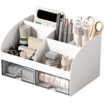 Organisateur de Bureau avec 6 Compartiments, Accessoire Bureau avec 2 Tiroir, Multifonctionnel Rangement Papeterie Organizer Porte Stylo, pour