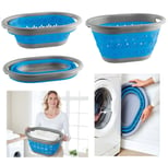 COLLAPSIBLE LAUNDRY BASKET WASHING CLOTHES BIN SPACE SAVING FOLDABLE BLUE & GREY