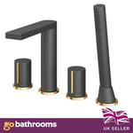 Matt Black & Gold Deck Mounted 4 Hole Bath Shower Mixer & Handset Paulo