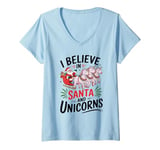 Womens I Believe In Santa And Unicorns, I Love Xmas Funny Christmas V-Neck T-Shirt