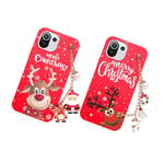 Vauki 2 Pièces Noël Coque pour Xiaomi 11 Lite 5G NE/Mi 11 Lite 4G/5G avec Cordon de Collier, Rouge Silicone Souple Étui Chaine Antichoc Case, avec Animé Motif Cadeau de Christmas Housse,Cerf 03