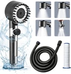 Pommeau de douche à économie d'eau, avec tuyau (1,5 m) et 2 filtres, pommeau de douche avec tête de massage, 4 modes, douchette amovible, avec cartouche filtrante de rechange, gris