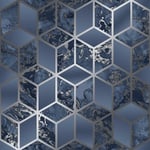 Geometric Cube Liquid Marble Navy Silver Wallpaper Elixir Muriva Metallic Modern