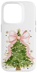 Coque pour iPhone 14 Pro Coquette rose avec nœud en ruban et sapin de Noël vert pour fille