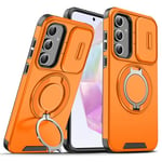 BAFUGU Coque Magnétique pour Samsung Galaxy S24 FE, Compatible avec MagSafe [Protection d'appareil Photo Slide Camera] [Rotation de 360 Support Invisible] Étui Antidérapant & Antichoc-Orange