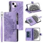 iPhone 15 Plus Plånboksfodral Mandala Flower Imprinted - Lila