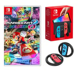 Nintendo Switch OLED (Neon Red & Blue), Mario Kart 8 Deluxe, Venom Joy-Con Racing Wheels & PowerA Protection Case (Pikachu Plaid), Red,Blue