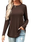 Aottori Chemisiers et Blouses Femme Chic et éLégant Cotton Tee Shirt Manches Longues col Rond Blouse Décontracté Tunique Top Couleur Unie Longues Blouses Élégante T-Shirts Brun M