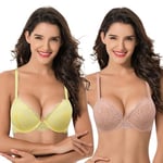 Curve Muse Women's Underwire Plus Size Push Up Add 1 and a Half Cup Lace Bras -2PK-Pink,Yellow-34D (EU:75D)