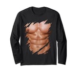 Mens Fake Muscles Ripped Torn Chest Six Pack Abs Long Sleeve T-Shirt