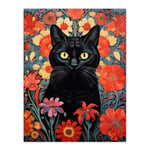 Stylish Black Cat On Red Flowers Floral Design Illustration Lucky Witch Extra Large XL Unframed Wall Art Poster Print