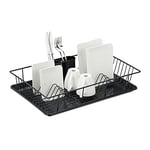 Relaxdays Dish Drainer, Drying Rack with Cutlery Holder & Drip Tray, Metal & Plastic, HWD 15.5 x 45 x 35 cm, Black, Iron