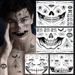 Tatouage visage Halloween, tatouage visage Halloween autocollant squelette zombie clown diable, bouche sorcières tatouage temporaire visage pour maquillage jour des morts costume de maquillage femme