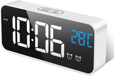 Réveil Numérique, Horloge Digitale Réveil Matin Miroir LED Grand Ecran Aver Température/Snooze/ 2 Alarme, Luminosité et Son Réglable, Activation Sonore, USB Charge Clock pour Maison Bureau,Blanc