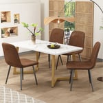 Lot de 5 table à manger avec 4 chaises avec dossier, pieds or en métal, similicuir, marron