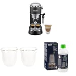 De'Longhi EC685.BK Machine à porte-filtre à expresso Dedica EC 685.BK, noir + verre à expresso isolé lot de 2 + détartrant | Détartrant universel pour 4 opérations de détartrage