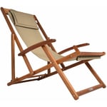 CASARIA® Chaise longue pliante en bois Chaise de plage 3 positions Chilienne transat jardin exterieur Beige