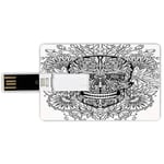 8G USB Flash Drives Credit Card Shape Skull Decor Memory Stick Bank Card Style Gothic Smiling Skeleton Head with Flowers Day of the Dead Mexican Traditional,Black White Waterproof Pen Thumb Lovely Ju