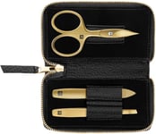 ZWILLING Manucure kit (3 pièces, étui en cuir véritable noir, soin des mains et des pieds, set de voyage, avec ciseaux à ongles), Premium, Gold Edition