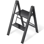 KINGRACK Escabeau 2 Marches Pliable, Marche Pied Aluminium Pliant, Échelle Antidérapant avec Verrous de Sécurité, Petit et Compact, Tabouret pour Maison et Bureau, Charge Maximale 150 kg, Noir