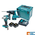 Makita DLX2372TJ 18v LXT Twin Kit DTW300 Impact Wrench & DHR242 SDS+ Hammer I...