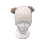 Womens Girls Winter Cream Cable Knitted Faux Fur Pom Pom Bear Ears Beanie Hat