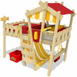 NO_BRAND WICKEY Lit enfant, mezzanine Crazy Hutty jaune/rouge maison, en bois 90x 200 cm