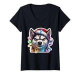 Womens Funny Husky Christmas Lights Angry Dogs Xmas Men Boys Women V-Neck T-Shirt