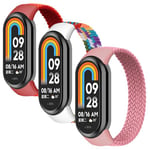 3 Pack Bracelet pour Xiaomi Mi Band 9/Xiaomi Smart Mi Band 8 Bracelet,Nylon Braided Stretch Solo Loop Bracelets Sport Remplacement Band pour Xiaomi Band 8/Mi band 9 Bracelet,Arc-en-ciel/rose/rouge,L