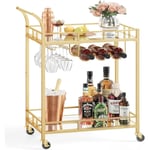 Barvagn guld, serveringsvagn för hembar, vinvagn med 2 spegelhyllor, vinhållare, glashållare, för kök, matsal, guld LRC092A62