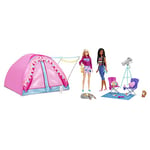 Barbie Famille Coffret Camping avec 2 poupées Malibu et Brooklyn, Tente et Accessoires Dont Figurines Animaux et téléscope, Jouet pour Enfant, HGC18