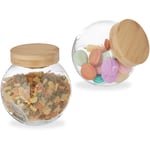 Relaxdays - Bonbonnière avec couvercle en bambou, lot de 2, bocaux conservation, boîte, bonbons, 1,5 l, transparent/nature