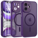 FLLAO Magnétique Coque pour iPhone 11 avec 2 Verre Trempé, Compatible avec MagSafe, Protection d'objectif Tout Compris, Etui Mat Arrière Housse Fine Antichoc Case iPhone 11 6.1", Violet Foncé