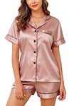 Lovasy Pyjama Satin Femme Short Ensemble Pyjamas Manches Courtes Chemises de Nuit Sexy Chic Ete 2 Pièces Vêtements de Nuit en Soie Boutonnée,Sable de Haricot XXL