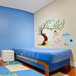 Ambiance Sticker Stickers Adhésifs Enfants Autocollant Géant Arbre, Singes et Éléphant Décoration Murale Chambre Enfants - 2 Planches de H90 x L60 cm