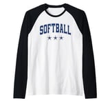 Softball All Blue Stars Classic Retro Varsity Text Raglan Baseball Tee