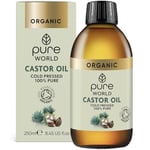 Pure World Natural Organic Castor Oil 250ml Premium Quality Cold & Fresh Press Glass Bottle Hexane Free for Hair, Skin - Ideal for Moisturizing, Conditioning, and Eyelashes & Eyebrows- Food Grade