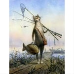 N/C Aint By Numbers Kits Acrylic Paints Set Diy Canvas Oil Painting Gift Kits Home Decoration- Fishing Cat By The Sea 16*20 Inch