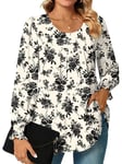 Bestbee Womens Long Sleeve Tunic Tops Dressy Chiffon Blouses Crew-Neck Smocked Cuffs Sleeve Shirts Casual T-Shirts Ladies Pleated Tops, Black Flower Beige, 3XL