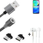 Magnetic charging cable + earphones for Motorola Moto G Power + USB type C a. Mi