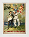 Lumartos, Vintage Poster The Navy Needs You! Don't Read American History Contemporary Home Decor Wall Art Print, White Frame, A4 Size