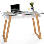 bonVIVO Bureau Scandinave - Bureau Blanc en Bois avec Plateau en Verre - Console Bureau avec Rangement - Bureau Informatique Idéal pour Le Télétravail