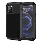 Lanhiem Coque iPhone 12 Pro Max (6.7), [Antichoc] [Métal et Rigide] Militaire avec du Verre trempé Integrale Indestructible Chantier Antipoussière Etui [Compatible Charge sans Fil] - Noir