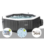 Kit spa gonflable Intex PureSpa Carbone octogonal Bulles et Jets 4 places + 12 filtres + 5 kg de sel + Kit d'entretien Noir